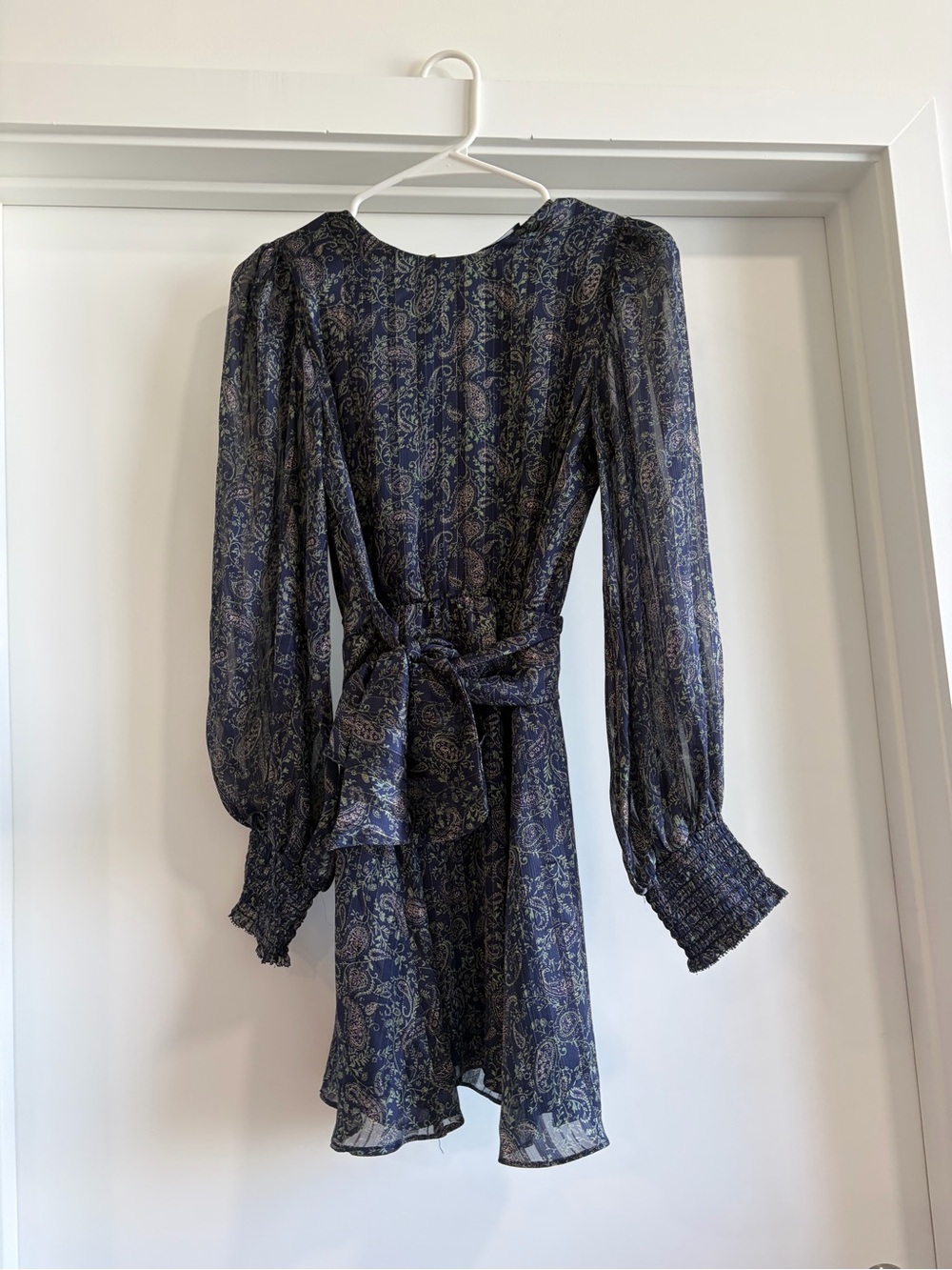 Women's Navy Paisley Long-Sleeve Tie-Waist Dress